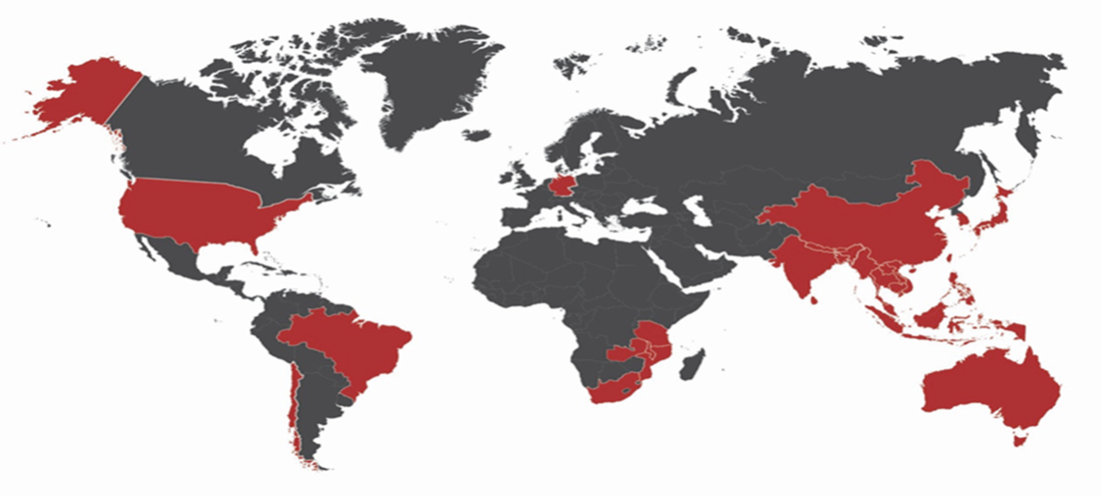 World map of the Working on Fire organization’s presence, with active countries highlighted in red across five continents
